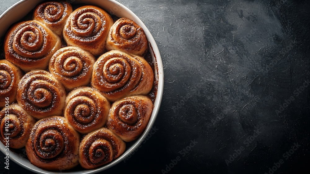 Poster cinnamon buns cinnabons in baking dish grey background close up top view : generative ai