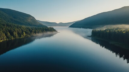 Obraz premium Calm blue lake surrounded by lush green hills with a gentle mist.