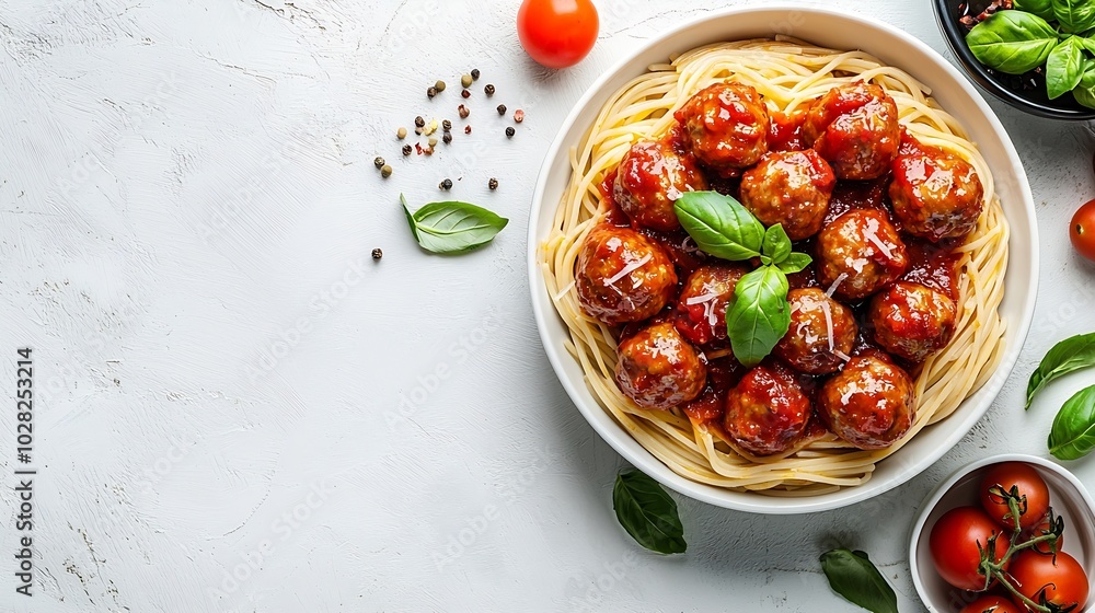 Poster meatballs in tomato sauce and fresh basil with spaghetti on a white background top view : generative
