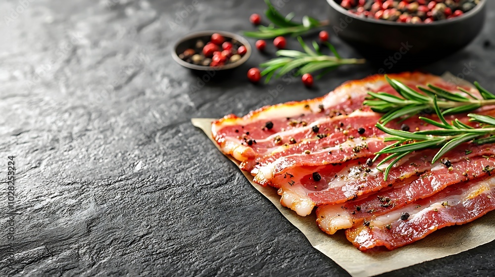 Poster Raw bacon with rosemary and spices slices on parchment paper Grey slate background Copy space Top view : Generative AI