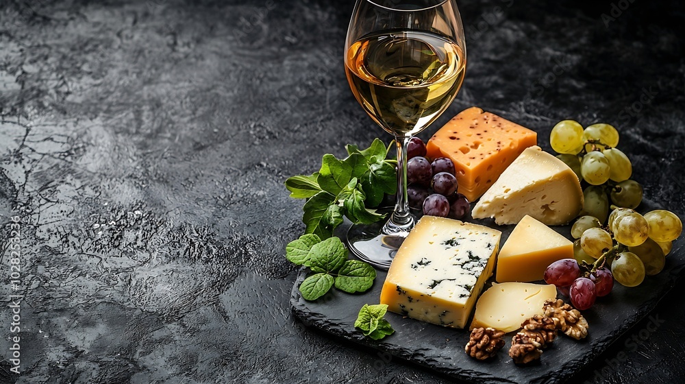 Aufkleber cheese assortment on slate cutting board with wine grey background top view copy space : generative 
