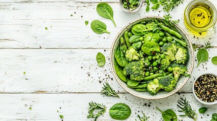 Obraz premium Broccoli baby spinach and green beans salad in ceramic bowl with olive oil on a white wooden background : Generative AI
