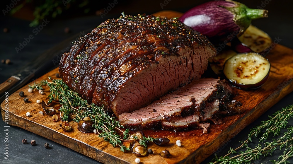 Poster beef pastrami sliced roast beef slow cooking with marinated in olive oils eggplants and scallops on 