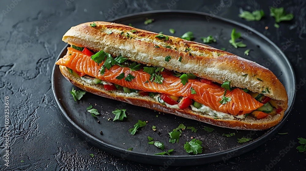 Poster sandwich with salmon vegetables and cream cheese on plate dark background copy space top view : gene