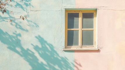 Fototapeta premium Window on a pastel blue and pink wall with a shadow of branches