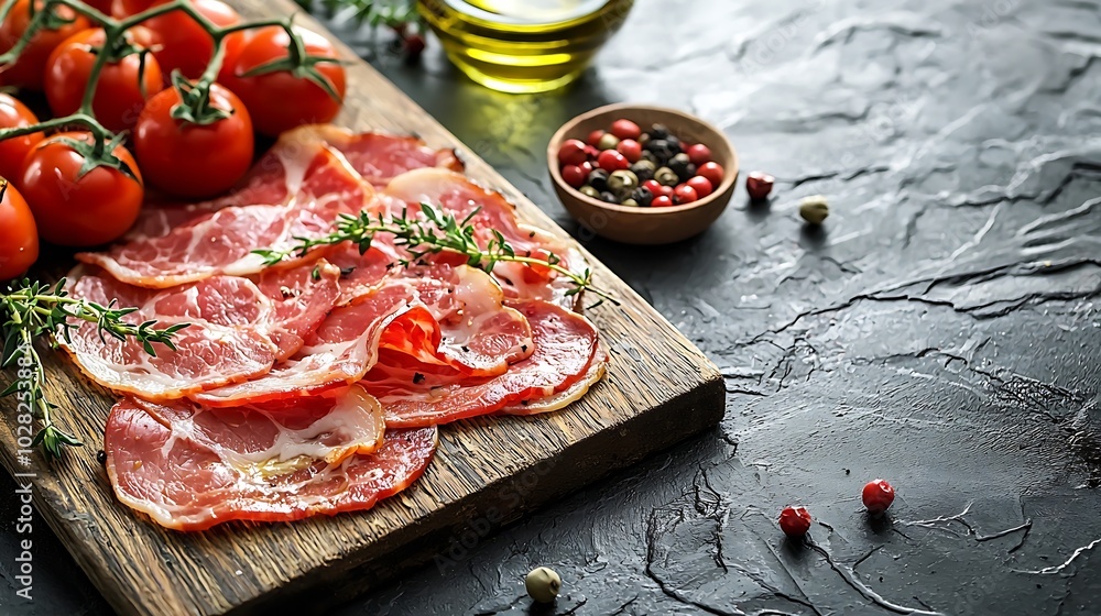 Poster raw bacon slices with herbs oil and tomatoes on wooden cutting board grey background copy space top 