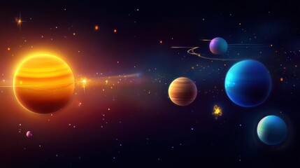 Solar system background featuring detailed planets and glowing stars, showcasing the beauty of outer space.