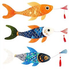 Colorful Japanese Koi Fish Wind Garments for Kids Vector Illustration with 3 Variations - Orange, Blue, and Yellow