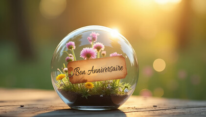 Bon Anniversaire - Floral Snow Globe with Pink Flowers