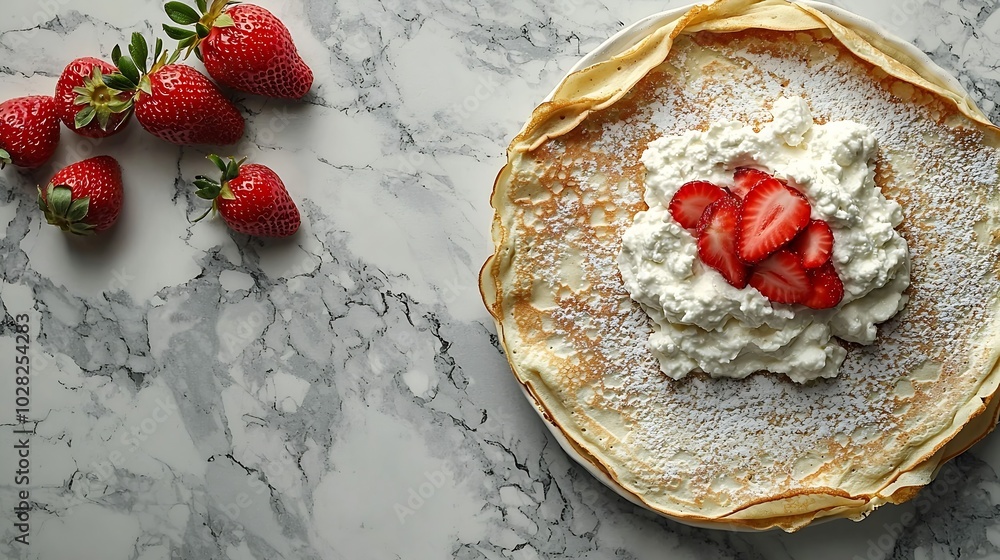 Poster crepes thin pancakes with cream cheese ricotta and fresh strawberries marble background top view : g
