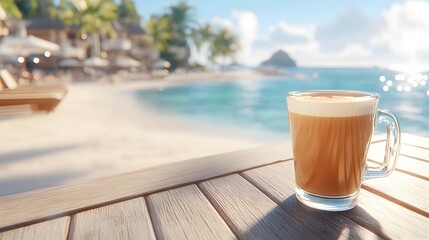 A steaming cup of coffee rests on a wooden table by a sunny beach, surrounded by palm trees and sparkling blue water, evoking relaxation and tranquility.
