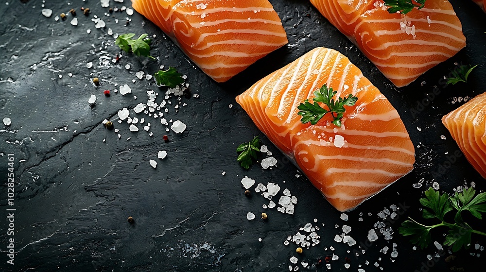 Poster salmon fillet with sea salt on slate dark background copy space top view : generative ai