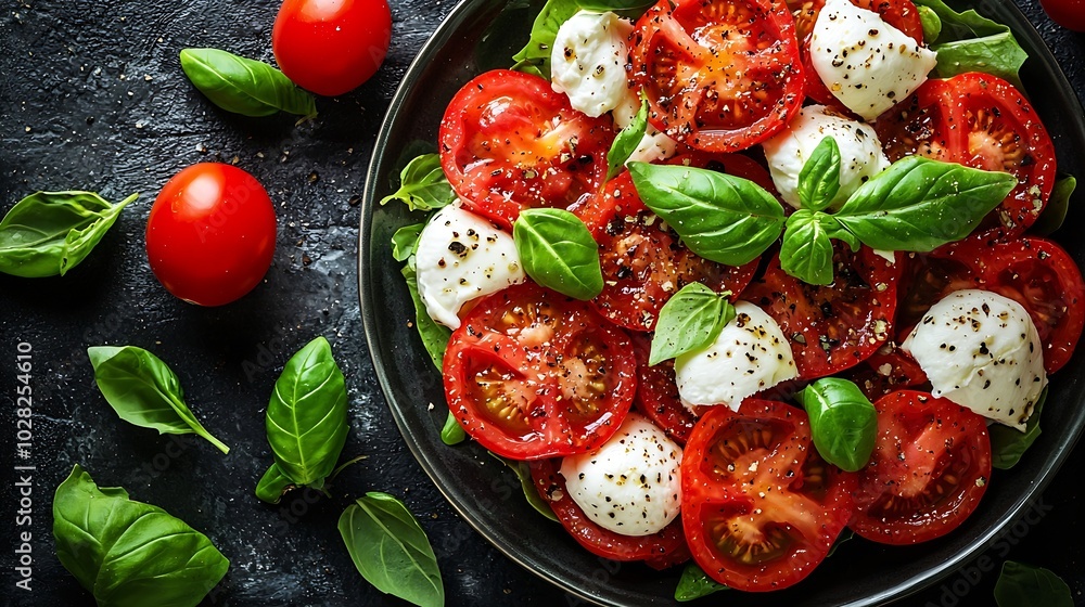 Poster caprese salad with tomatoes mozzarella burrata cheese and basil grey background top view : generativ