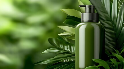 A sleek green bottle sits among lush green leaves, embodying a natural and eco-friendly aesthetic perfect for skincare or haircare products.