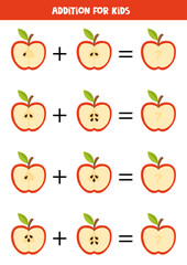 Addition for kids with red apples and apple seeds. Math game.