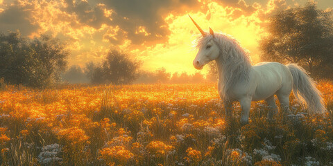 A unicorn with a glowing wand in its horn, casting magical light across a beautiful, fantasy landscape.