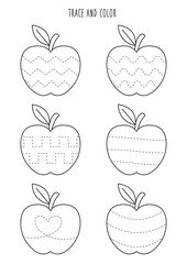 Tracing lines for kids. Trace and color apples. Handwriting practice for children.