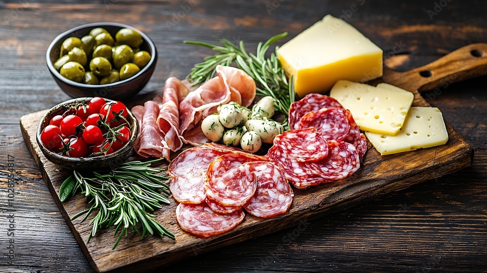 Poster cheese and meat appetizers on cutting board on wooden background copy space top view : generative ai