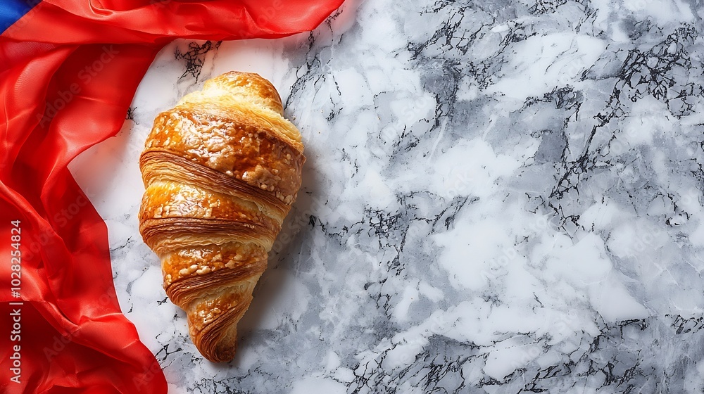 Poster fresh croissant with french flag on marble table background top view copy space : generative ai