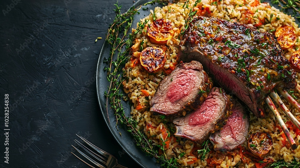 Poster traditional pilaf plov with rack of lamb grey background close up copy space : generative ai