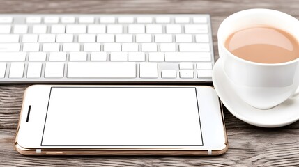 A modern workspace featuring a keyboard, smartphone, and a cup of coffee, all neatly arranged on a wooden surface.