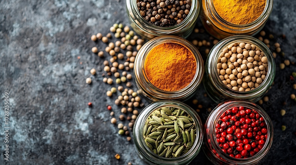 Poster spices assortment in jars fennel coriander cumin seed grey stone background top view copy space : ge