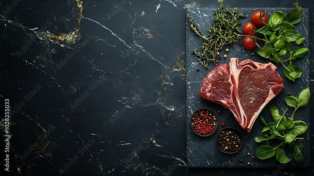 Poster raw lamb leg with spices and herbs on marble cutting board dark background top view : generative ai