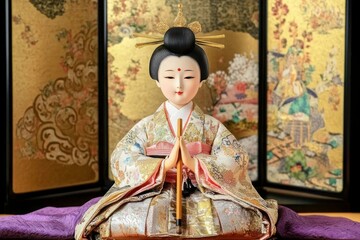 Golden Hina Doll on Traditional Japanese Throne with Sword and Cloth
