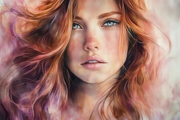 Naklejka premium Beautiful Lady with Long Flowing Hair in Soft Colors