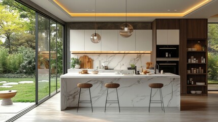 Modern white kitchen opening onto a green garden with island and bar stools