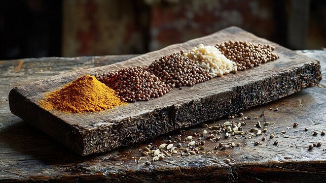 Assortment of spices Cumin carry turmeric coriander seeds on an old wooden cutting board Background text copy space : Generative AI