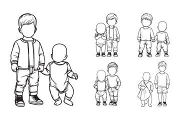 Hand-drawn clipart depicting an intimate moment between a baby and brother