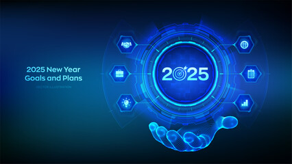 2025 New year Goals and plans icon in wireframe hand. Business plan and strategies. Goal acheiveement and success in 2025. Resolutions, plan, action, checklist concept. Vector illustration.