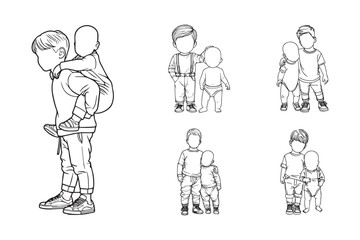 Line art illustration of a baby joyfully interacting with a loving brother