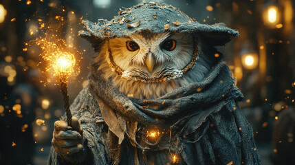 A wise owl dressed as a wizard, holding a glowing wand and casting spells in a magical, starry night sky.