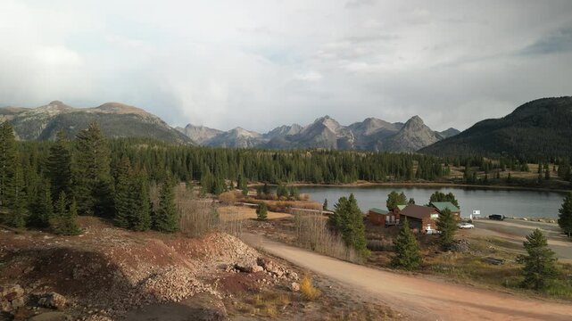 Aerial over Molas Lake on Molas Pass between Ouray and Silverton Colorado at sunset