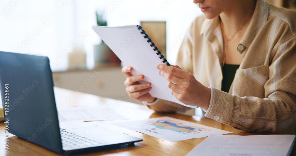 Wall mural Hands, woman and paperwork with laptop at house for loan approval, bank application and budget planning. Girl, reading and documents of mortgage information, financial invoice and investment schedule