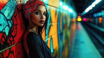 An artistic portrait of a woman standing in a subway station, vibrant graffiti and urban elements surrounding her, modern attire, with creative lighting emphasizing her expression