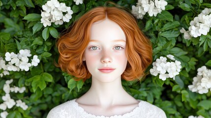 Fototapeta premium Beautiful Redhead Girl with Green Eyes Posing in White Flowers
