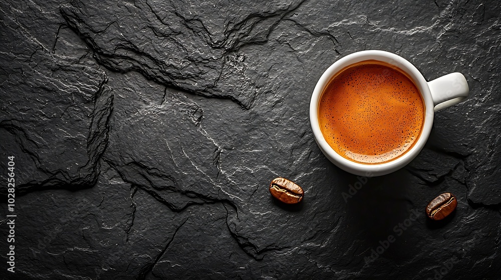 Poster coffee espresso in white cup on black slate background copy space top view : generative ai