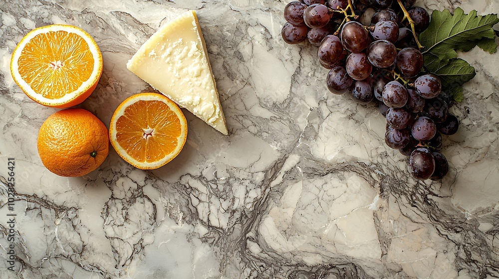 Poster cheese with washed orange rind with grape french or german product marble table background top view 