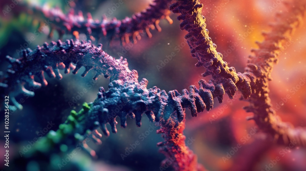 Poster abstract representation of molecular structures with vibrant colors and intricate designs.