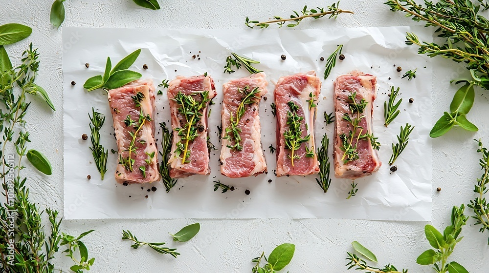 Poster raw meat mutton lamb rack with fresh herbs on a white paper background : generative ai