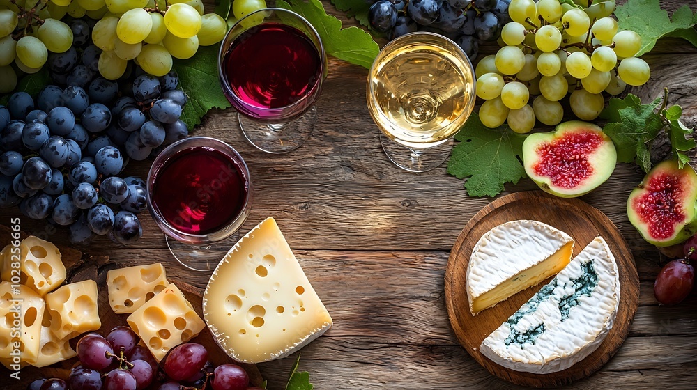Poster assortment of cheese grapes with red and white wine in glasses wooden background top view : generati