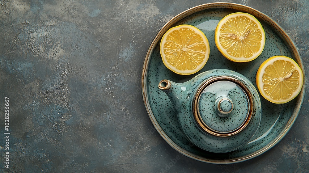 Aufkleber tea cup and pot with lemon grey background close up top view : generative ai