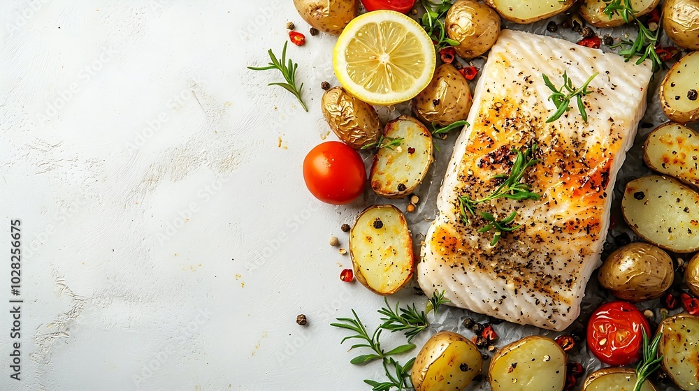 Aufkleber Roasted cod codfish with baked potatoes and artichokes with lemon and herbs sauce on a white background Copy space : Generative AI