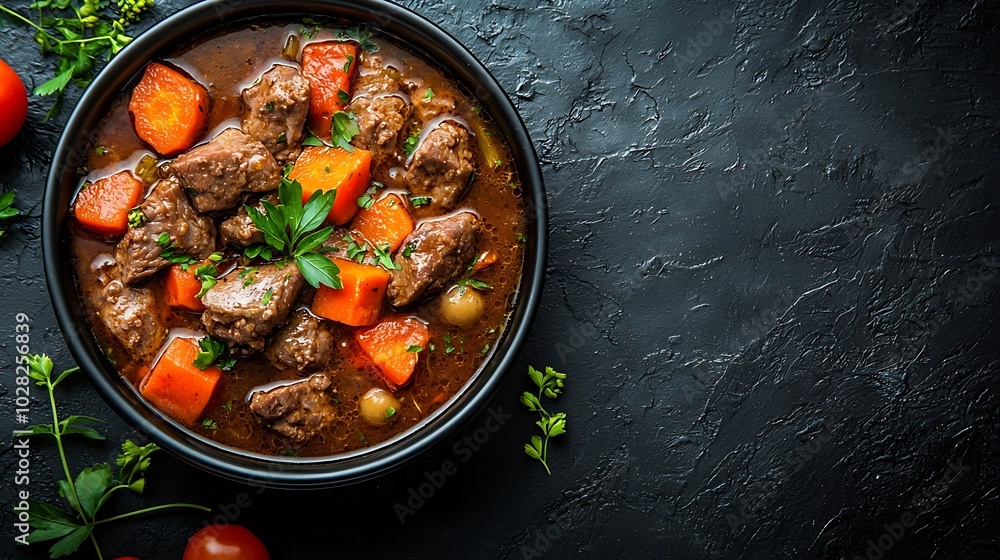 Poster beef meat and vegetables stew in black bowl dark background copy space top view : generative ai