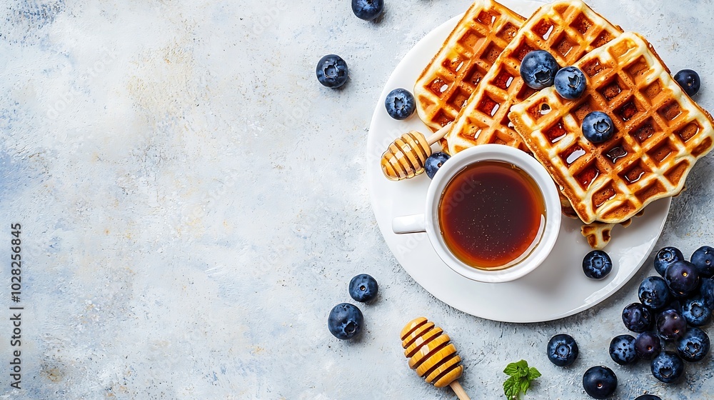 Aufkleber fresh waffles with cup of coffee blueberries and honey white background top view : generative ai