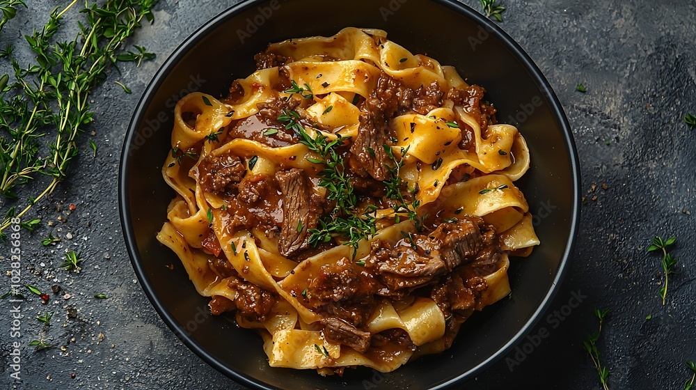 Poster pasta pappardelle with beef ragout sauce in black bowl grey background copy space top view : generat