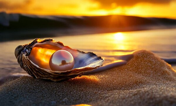 A pearl nestled in an open oyster shell on a sandy beach at sunset.